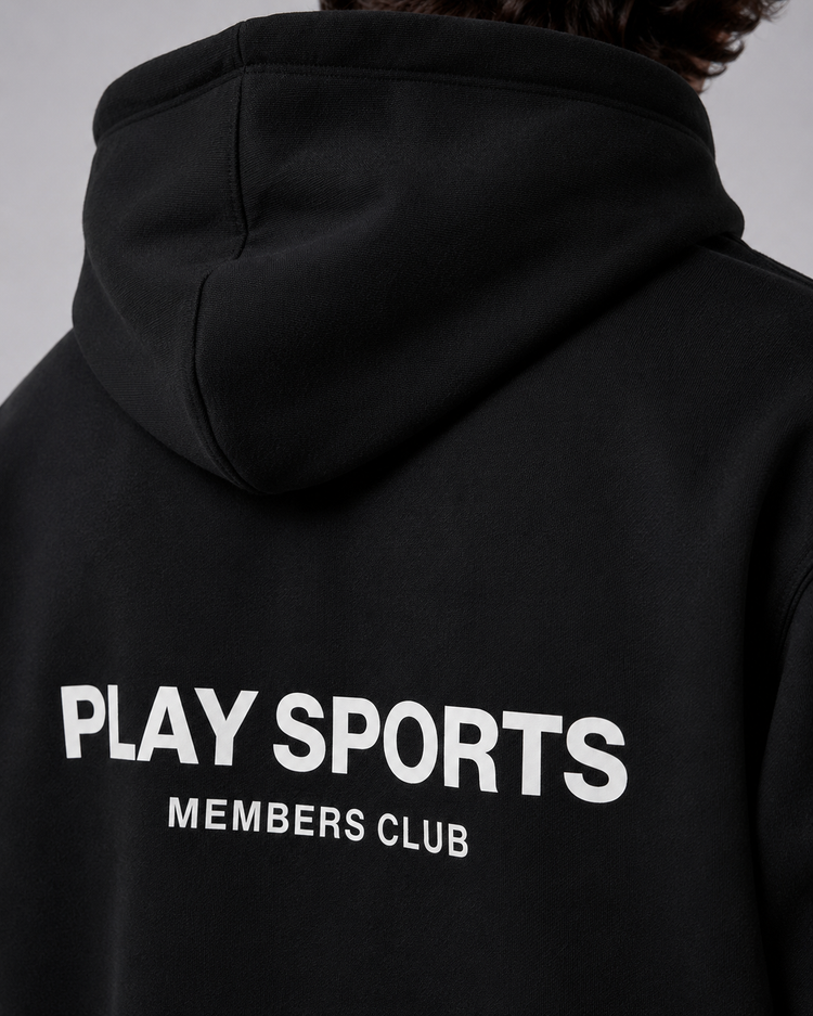 Members Club Hoodie in black, detail of the double-lined hood
