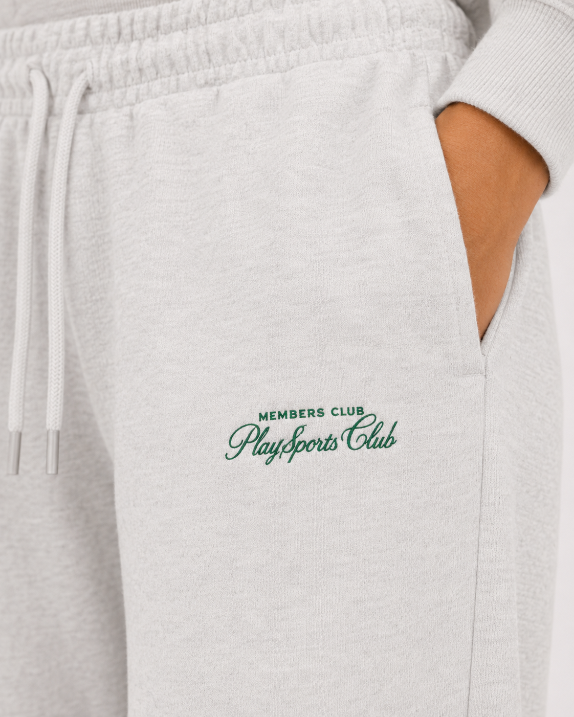 Members Club Sweatpants in grey marle worn with a wide, relaxed leg, front view