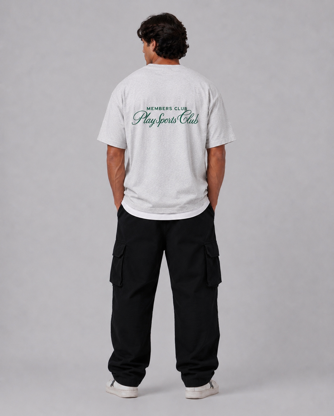 Members Club T-Shirt in grey marle worn oversized, front view