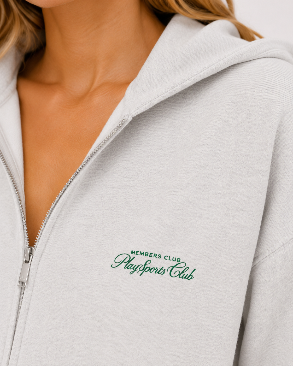 Members Club Zip-Through in grey marle worn zipped with the hood up