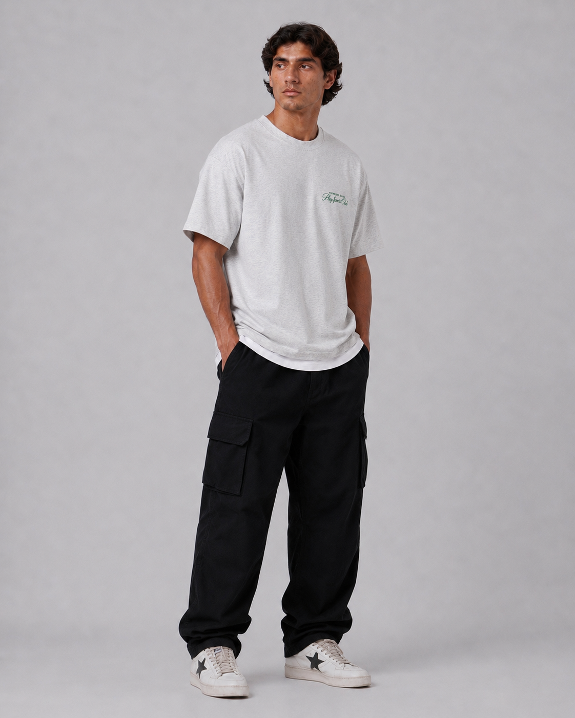 Members Club T-Shirt in grey marle, back view with the club green script print
