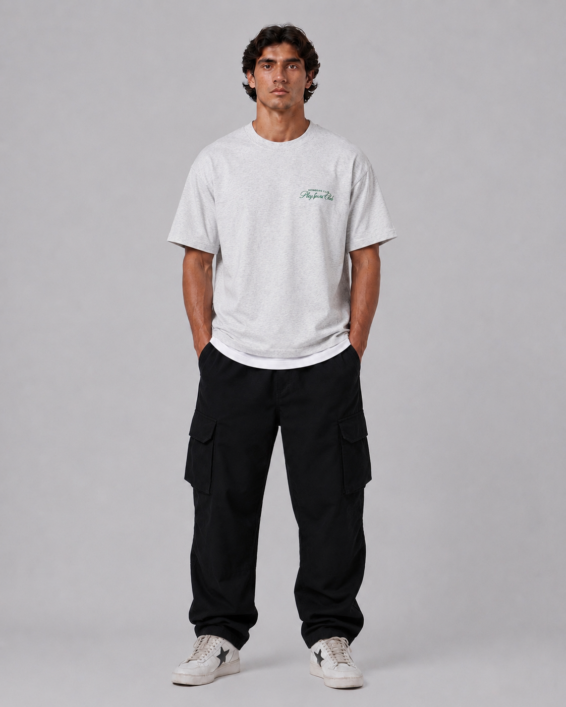 Members Club T-Shirt in grey marle, close detail of the club green chest script